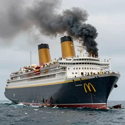 a derelict immense mcdonald's brand vacation cruise liner with yellow golden arches logo and tall smoke stacks crashed and broken on a deserted island, fast food restaurant color scheme, thick black smoke billowing, overcast, dystopian, bad vibes, photorealistic, sharp focus, hyper detailed, octane render