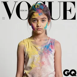 A full body portrait of a girl covered in holi powder featured in Vogue and GQ editorial fashion photography, beautiful eye, symmetry face, haute couture dressed by Givenchy and Salvatore Ferragamo