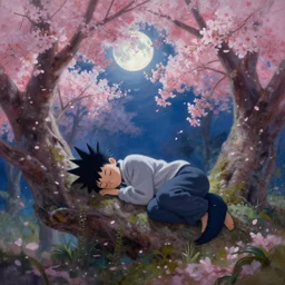 a beautiful painting of the spyro sleeping in a cherry blossom forest, volumetric lighting, moonlit by greg rutkowski and kalin popov, trending on artstation, masterpiece,
