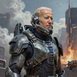 ultra realist and ultra intricate detailed soft painting of a sci-fi armored joe biden, from the waist up, sci-fi helmet, mass effect style, volumetric clouds, cyberpunk burning building background, artstation, unreal render, depth of field