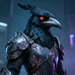 fantasy armored kenku, artistically anthropomorphic black bird head with a visible beak. neon, science fiction, light, portrait by donato giancola and greg rutkowski and wayne barlow. top all time r / imaginarycyberpunk.