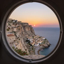 looking out a porthole window on a cliff, wide angle, sunset, a mediterranean phoenician fishing village below, over a chalk cliff, highly detailed, digital painting, artstation, concept art, sharp focus, illustration, art by artgerm and greg rutkowski and raphael lacoste and magali villeneuve