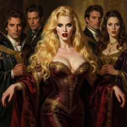 majestic gracious regal aristocratic blonde female vampire portrait, atmospheric lighting, painted, voluptuous, menacing, intricate, volumetric lighting, beautiful, rich deep colours masterpiece, golden hour, sharp focus, ultra detailed, by leesha hannigan, ross tran, thierry doizon, kai carpenter, ignacio fernandez rios