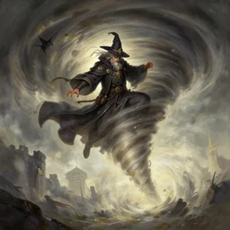 character concept art of a wizard flying inside a tornado, full body shot, fantasy painterly style, intricate details, artwork by ross tran, artgerm