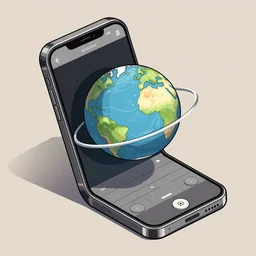illustration of a mobile phone with a planet inside the screen going out of it, in 4 d, detailed and intricate forty five degree isometric, cross by vincent di fate