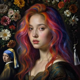 a closeup portrait of one beautiful kpop goddess with swirling vivid coloured hair and a wall of flowers in the background, painted by botticelli, rachel ruysch, vermeer and ambrosius bosschaert, hyperrealism, dark, dramatic lighting, analogous complementary colour scheme, trending in artstation, octane, rendered
