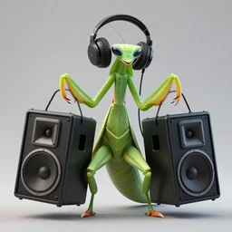 a praying mantis kaiju DJ wearing headphones and carrying two big subwoofer speaker boxes