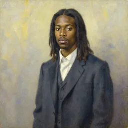 beutiful and dreamy three quarter portrait painting of a young african american man with long hair, wearing a suit, oil on canvas, watercolor drybrush, by andrew wyeth
