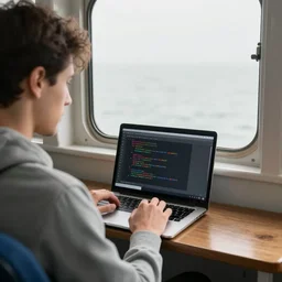 Man riding inside of a ferry works on a laptop writing code