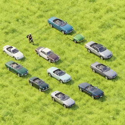 field full of of mbg convertible's, isometric, 8 k resolution