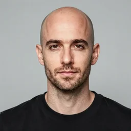 british male electronic dance music producer and dj, bald, 4 2 years old, very light beard, sharp straight nose, brown eyes close together, smooth chin, jono grant