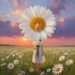 face made of giant daisies, girl standing barefoot in a flower field, holding flowers, surreal photography, sunrise dramatic light, impressionist painting, colorful clouds, large sky, digital painting, artstation, simon stalenhag, flower face