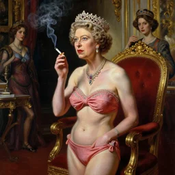 queen elizabeth smoking a ciagr in a bikini, royal interior, highly detailed painting extremely beautiful and aesthetic and detailed, with familiar sprites, chiaroscuro, intricate, masterpiece, fantasy illustrations by ilya kuvshinov and jeremy lipking and quentin mabille