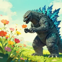 godzilla smelling flowers, in the style of chiara bautista