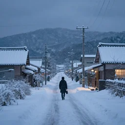 a lonely man walking through a snowy street at twilight in the japanese countryside, 4 k, dark overcast weather, realistic illustration, perfectly shaded, dreamy, beautiful