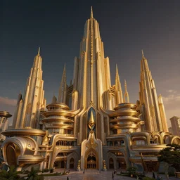 marvellous dwarven city with retrofuturist artdeco architecture during golden hour, ultradetailed, intricate, glorious lighting, dark sky, stars, masterwork coposition, cgsociety, strong presense