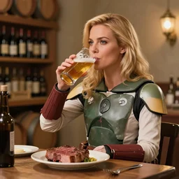 blonde hot woman in wine cellar, boba fett!, drinking beer, eating meat, cozy, inviting, atmospheric, torches on the wall, watercolor! by vladimir volegov
