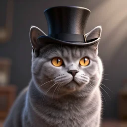 a Russian Blue cat with amber eyes wearing a top hat, intricate detail, 3d render, octane render, god rays, depth of field, trending on artstation, 4k, hd
