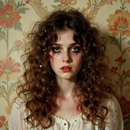 a beautiful but sinister girl in layers of fear, with haunted eyes and curly hair, 1 9 7 0 s, seventies, floral wallpaper, delicate embellishments, a little blood, crimson, painterly, offset printing technique, by jules bastien - lepage