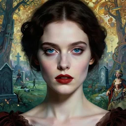 realistic detailed closeup portrait movie shot of an beautiful elegant zombie, futuristic graveyard landscape background by jean deville, amano, yves tanguy, denis villeneuve, ernst haeckel, alphonse mucha, max ernst, caravaggio, roger dean, masterpiece, rich moody colours, blue eyes