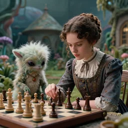 detailed, sharp, a girl playing chess with her cute fluffy pet humanoid alien creature, wearing 1890s era clothes, in the garden of a house on an alien planet with alien plants, extremely highly detailed, in focus faces, 70 mm film still from a period sci fi color movie, 4k, HD, cinematic lighting