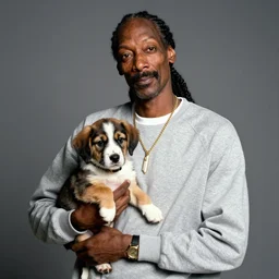 Snoop Dogg holding a puppy dog for a 1990s sitcom tv show, Studio Photograph, portrait, C 12.0