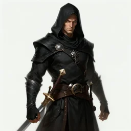 DnD deep gnome rogue with two daggers at his waist and he is wearing a black hood, digital drawing, character commission, character artwork, epic, Fantasy, Trending on artstation