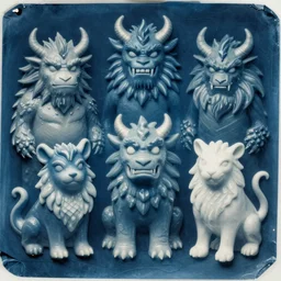 portrait cyanotype of a group of mythical monsters and beasts in a squishy style
