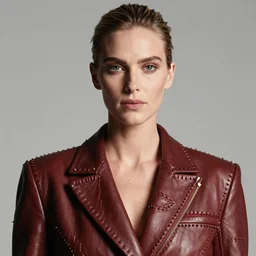 kodachrome sharply focused photograph, head and upper torso photo fashion model carolyn murphy, exquisite features, feminine cut, frontiers in flight leather suit, excessive stitching, nick knight studio lighting,