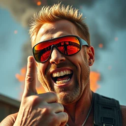 duke nukem wearing reflective sunglasses, narcissistic, full of testosterone, showing middle finger, laughing at his house being on fire, high quality, very detailed, a beautiful photo, national geographic quality
