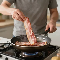 a man serenading to bacon in the fryingpan, stockphoto