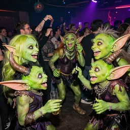 goblins partying at a rave, green skin, photo