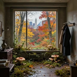 fantastical living room with autumn chicago landscape in the window by marc adamus, beautiful dramatic lighting, overgrown with funghi, coat rack with coat hanging off, style by peter deligdisch, peterdraws