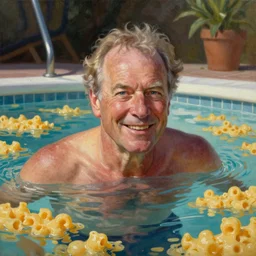 portrait of bob barker swimming in a pool of mac and cheese, an oil painting by ross tran and thomas kincade
