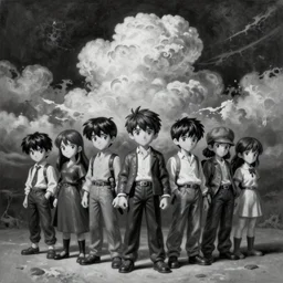 By Tom Bagshaw, ultra realist soft painting of a selection of anime miniature dressed figurines, symmetry accurate features, very intricate details, ominous sky, black and white, volumetric light clouds