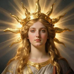 a beautiful portrait of a sun goddess with a golden crown, sunlight beams, god rays, volumetric lighting, by jules bastien - lepage, detailed, 8 k