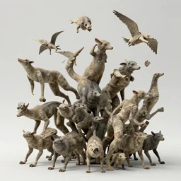 a beautiful kinetic sculpture of a group of creatures that looks like a mix of different animals. most of the creatures have human - like features, such as arms and legs, and some are standing upright while others are crawling or flying. ukiyo - e, 3 d render by paul henry, by noelle stevenson organic, defined