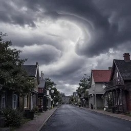 curved perspective digital art of a clowdy summer small town street, curvy clouds, from nightmare before christmas by anton fadeev