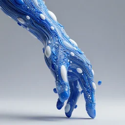 fine art photograph, glossy abstract arm sculpture, octane, unreal engine, highly detailed, by kelbv, tubes, wires, pumped full with blue and white ellipsoids, 3 d fractrals, perfect studio lighting, baroque cyberpunk