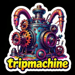 sticker of a rock band, name is tripmachine, on the sticker is a 3 d render of a huge futuristic steampunk generator with gears and trippy tubes, 8 k, fluorescent colors, halluzinogenic, multicolored, exaggerated detailed, silk screen art