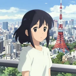 anime visual of a black haired girl wearing shirts on top of tower sightseeing bright day tokyo cityscape by makoto shinkai, cute face by yoh yoshinari, katsura masakazu, detailed