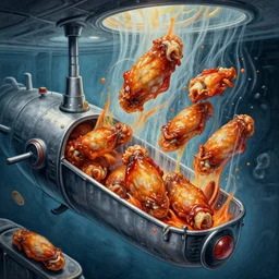 Hot wings evaporating into thin air in a submarine, Detailed scientific diagram, Highly Detailed