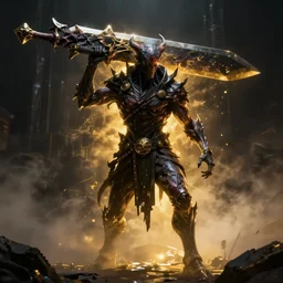 a dark sc fi portrait of an undead humanoid demon wearing carrying a massive rotting great sword, cinematic lighting, smooth, dark sci fi, unreal engine, octane render, by blizzard studios, golden rule, subject in center of frame, fog volumes, vivid color glow, cgsociety