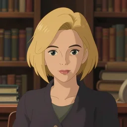 animation still frame of an attractive female librarian ( short blonde hair ), high angle closeup portrait, blurry background of the library, disney, pixar, bloom, medium shot, dramatic lighting, in the style of studio ghibli, j. c. leyendecker, greg rutkowski, artgerm