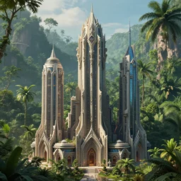 futuristic solarpunk cyberpunk skyscrapers with detailed gothic styled decorations, surrounded by the amazon jungle, hd, 8 k, octane render, christophe vacher