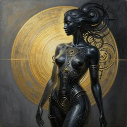 pencil painting oil, bodypaint, neobrutalistic, golden circles and spirals, digital abstract sculpt of beautiful female body and black swirling latex acrylic portrait, black latex sculpt, minimalism, mechanical superstructure, sacred geometry, 8 k, cinematic, magic hour, beautiful light, sculpture of carving marble, dark colors, filigree ornaments, one point light, clockwork
