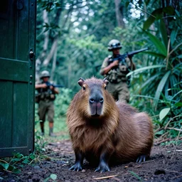 film still, extreme far view, capybara, jungle, vietnam door gunner, apocalypse now, associated press,, 2 6 mm, kodak ektachrome, blue tint expired film,