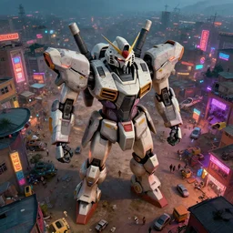3 d vfx - caricature - art of mecha in a bustling - neon lit - ajegunle slum in nigeria, unreal engine render, digital illustration, illustration style by mike winkelmann, sharp, intricate detail, volumetric light, ray tracing, soft light, colourful, surreal environment, drone view, fish eye lens, cinestill 8 0 0 t photograph, acrylic,