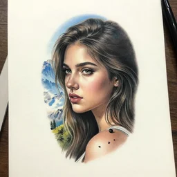 tattoo design sketch of a beautiful girl next face to a beautiful mountain scenery, hyper realistic