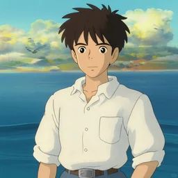 ocean, attractive male, in the style of studio ghibli, j. c. leyendecker, greg rutkowski, jean giraud